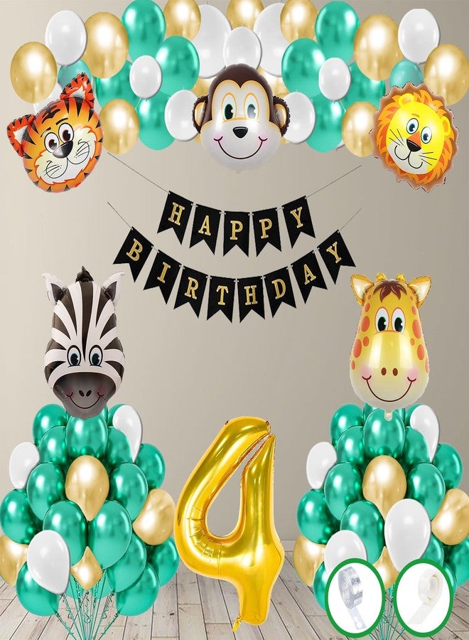 Flyloons 4th Animal Theme Birthday Party Decorations for Boys Girls Kids| 5 Pcs Animal Foil Balloons Set| 50 Pcs Green Gold White Colour Balloons| Black Happy Birthday Banner| Arch Tape| Glue Dots - Image 1